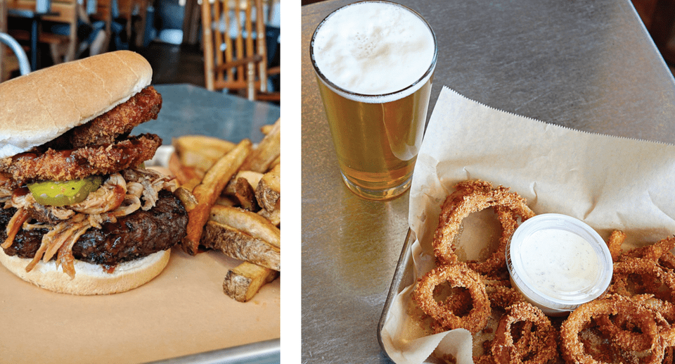 burger made from brandt beef patty, pulled pork, onion rings, and pickle with fries
